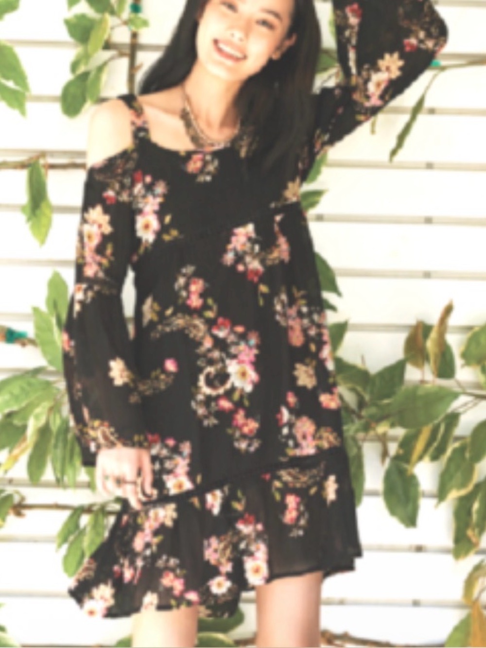 Free People Black Floral Sleeveless Tunic Dress with Peach and Cream Blooms Sz S